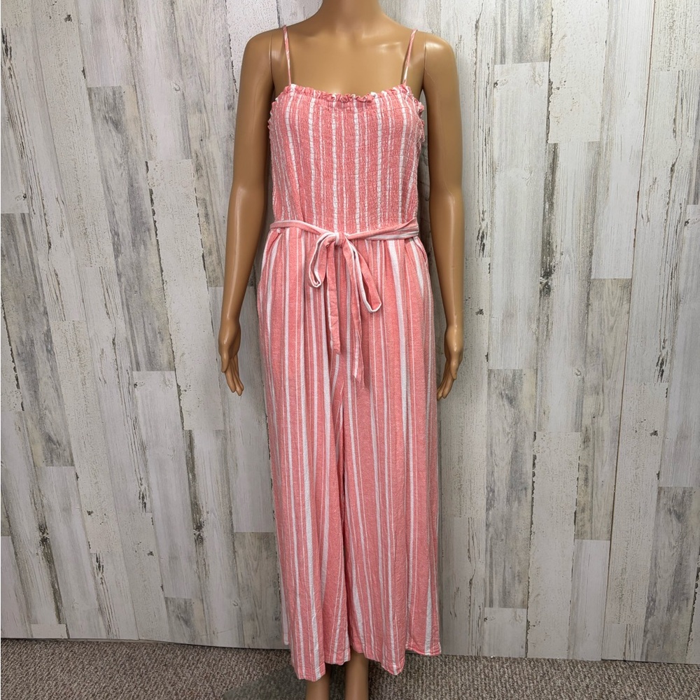 LOFT Outlet Pink‎ and White Striped Linen Blend Jumpsuit